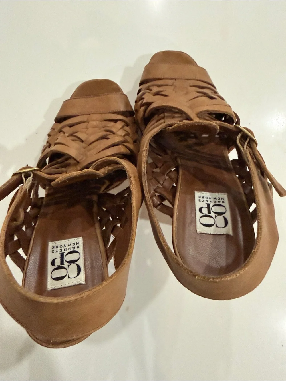 Barneys co-op Tan Woven Leather High Heel Sandals